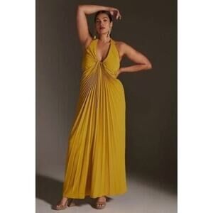 Anthropologie Dress 20W Pleated Halter Maxi Gold Ruched Draped Formal Glamorous